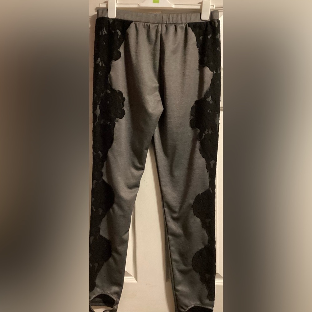 BLACK PANTS WITH BEAUTIFUL BLACK  EMBROIDERED LACE GOING DOWN SIDE OF PANT